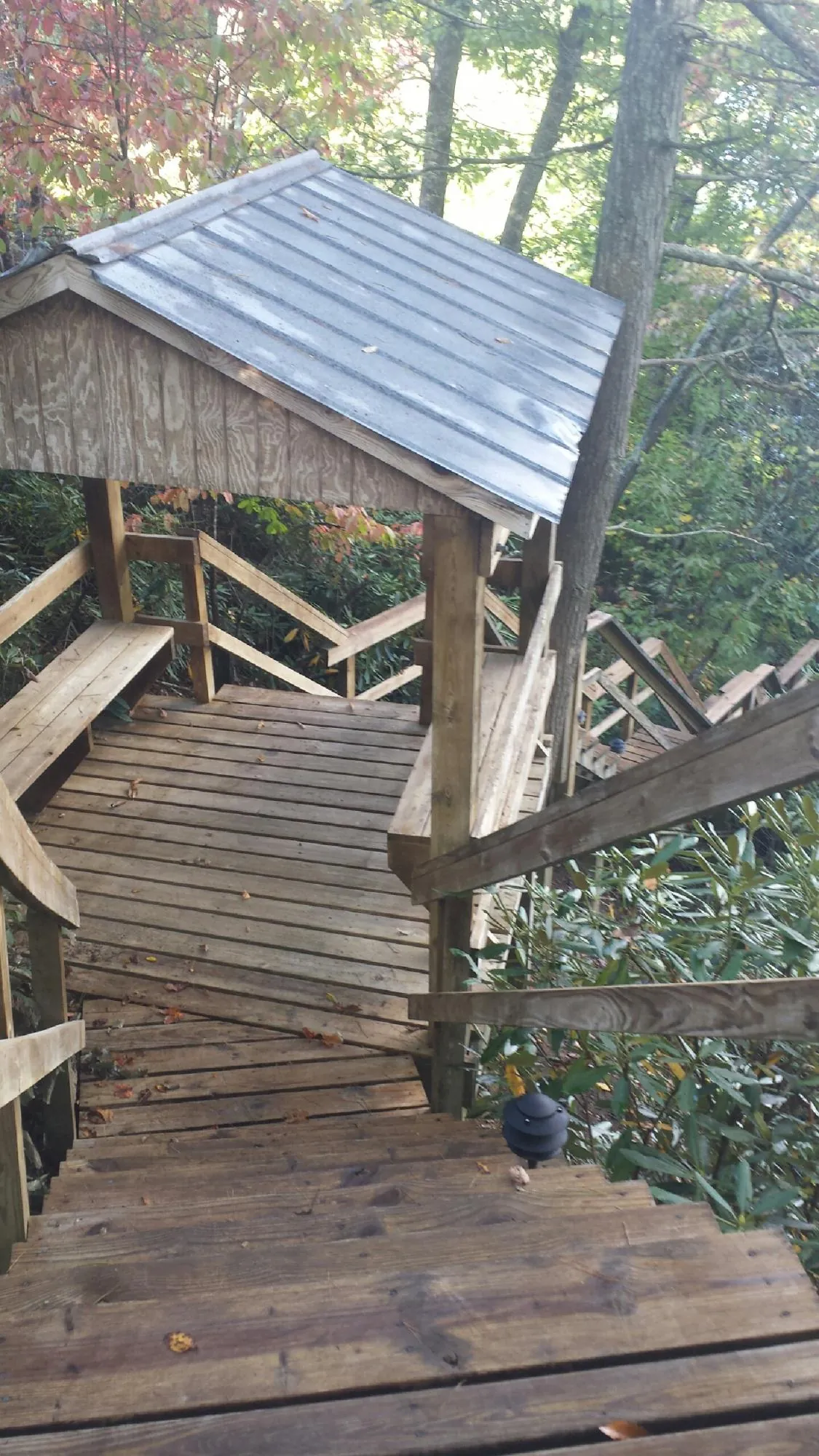 Metal roofed shelter over wooden steps on a wooded walkway — Skylight Repair & Installation work by our crew in Goodland